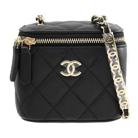 CHANEL AP2624 雙C金屬背帶小牛皮迷你斜背鍊包.黑/淡金