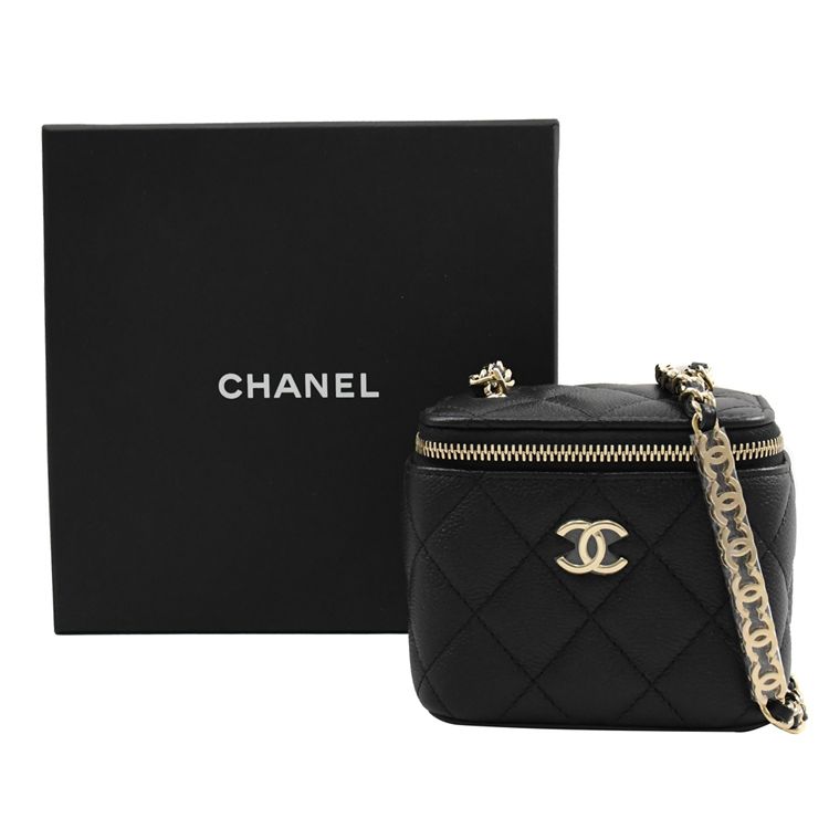 CHANEL 香奈兒  雙C金屬背帶小牛皮迷你斜背鍊包.黑/淡金