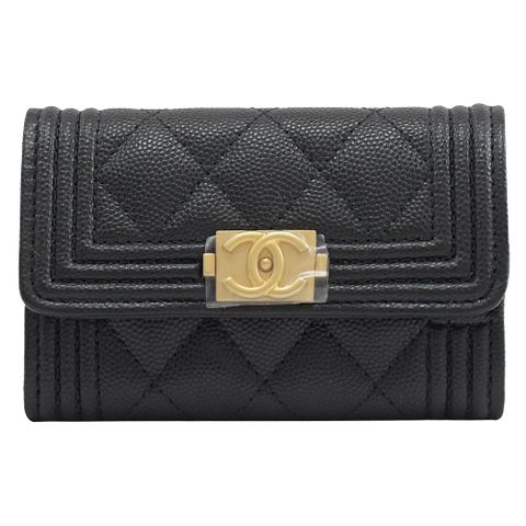 CHANEL A80603 BOY 復古金扣粒紋牛皮扣式零錢包.黑