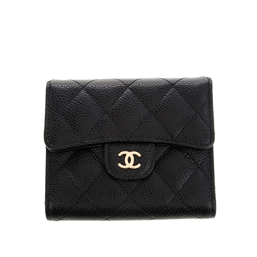 CHANEL 香奈兒  經典魚子醬牛皮雙C LOGO金釦三折短夾 (黑色)