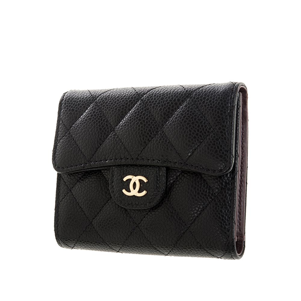 CHANEL 香奈兒  經典魚子醬牛皮雙C LOGO金釦三折短夾 (黑色)