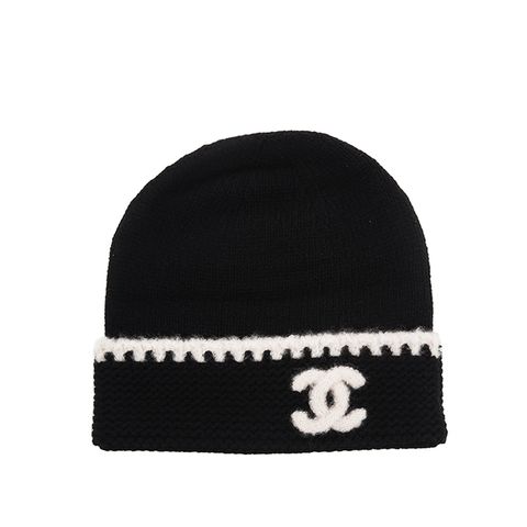 CHANEL 新款撞色黑色白字雙C LOGO什米爾羊毛毛帽 (黑/白)