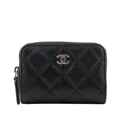 CHANEL 香奈兒 銀色CC Logo 荔枝牛皮形拉鍊零錢包(黑色) AP0216 Y01588 C3906