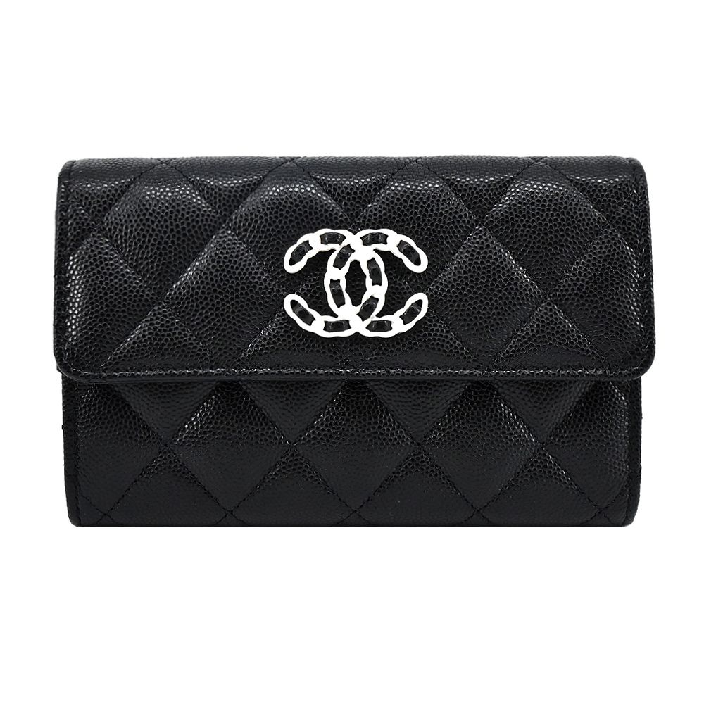 CHANEL 香奈兒 新款經典LOGO菱格紋小牛皮中夾(黑色)