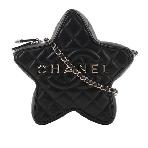 CHANEL 香奈兒 24C 金色標誌菱格紋小羊皮星星包(黑色) AS4579 B15493 94305