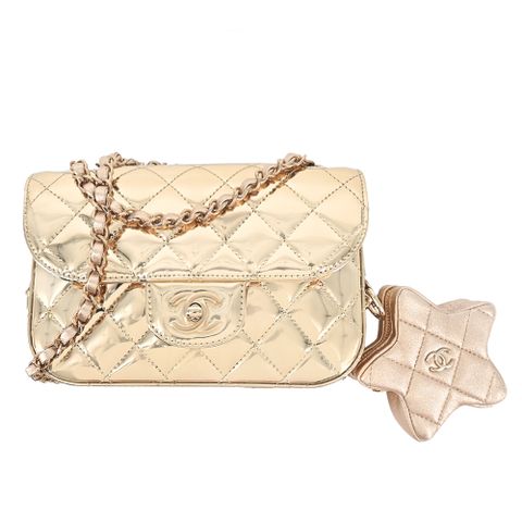 CHANEL 香奈兒 HANEL MINI FLAP經典雙C LOGO鏡面小牛皮肩背/斜背包(金色)