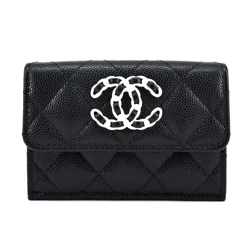 CHANEL 香奈兒 新款經典LOGO菱格紋小牛皮三折短夾(黑色)