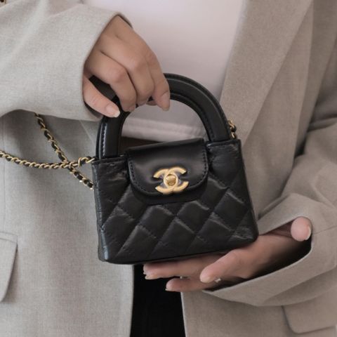 CHANEL 香奈兒 KELLY 雙C LOGO小牛皮超迷你兩用鍊包.黑/金
