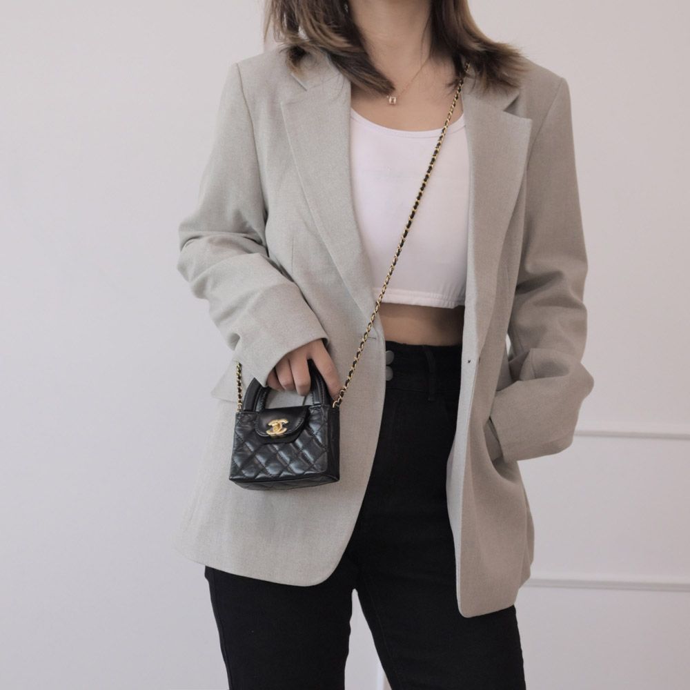CHANEL 香奈兒 KELLY 雙C LOGO小牛皮超迷你兩用鍊包.黑/金