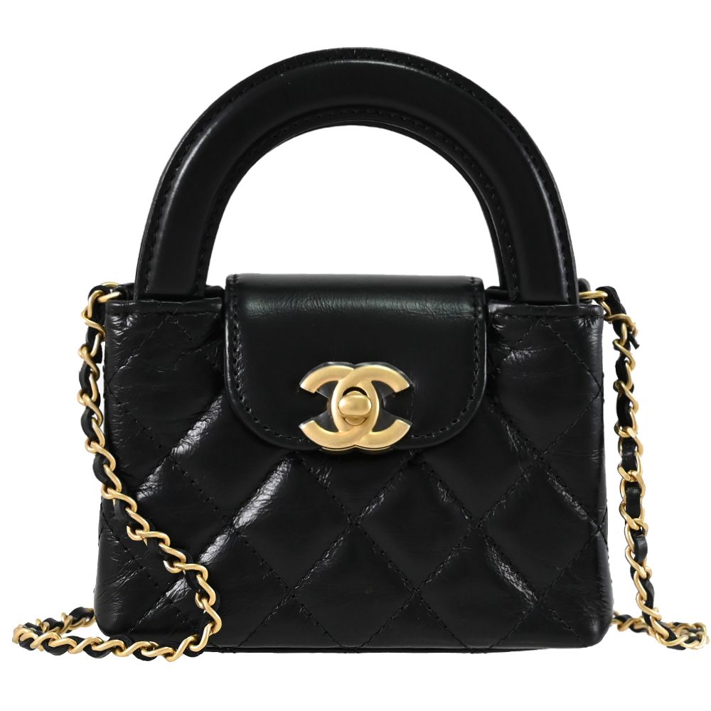 CHANEL 香奈兒 KELLY 雙C LOGO小牛皮超迷你兩用鍊包.黑/金