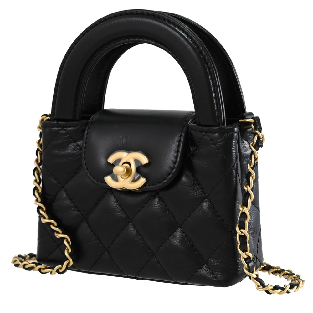 CHANEL 香奈兒 KELLY 雙C LOGO小牛皮超迷你兩用鍊包.黑/金