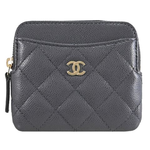 CHANEL AP2061 雙C LOGO小牛皮5卡拉鍊零錢包.深灰/淡金