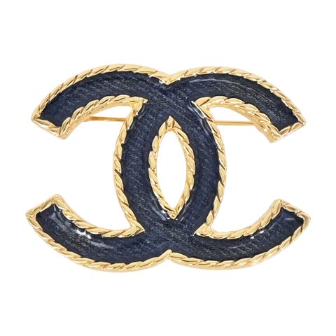 CHANEL 香奈兒 經典藍色琺瑯雙C LOGO滾邊造型胸針(金色)