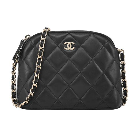 CHANEL 香奈兒 經典雙C LOGO菱格紋小羊皮貝殼斜背包 (黑色)