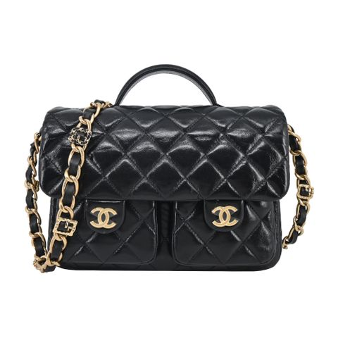 CHANEL 香奈兒 Flap Bag Top Handle經典雙C LOGO菱格紋小羊皮手提/斜背包 (黑色)