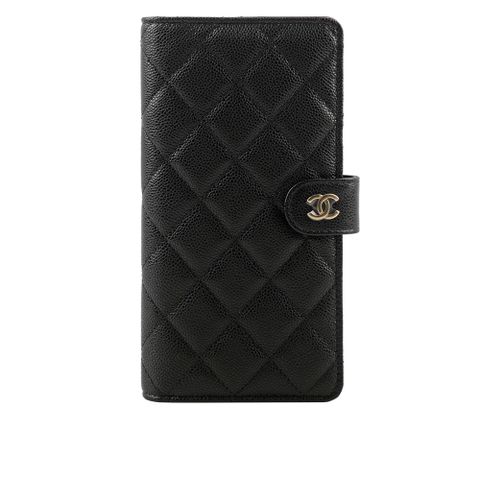 CHANEL 香奈兒 金色CC Logo粒紋牛皮釦式薄款二折長夾(黑色)