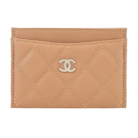 CHANEL 經典雙C LOGO菱格小牛皮卡片夾(深米色)