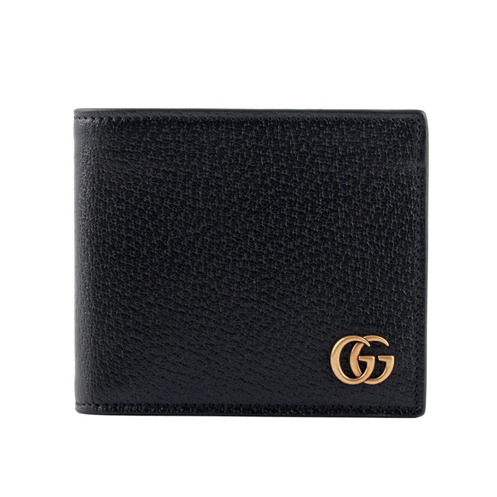 GUCCI 古馳  金LOGO小牛皮對開零錢袋短夾(黑色) 428725 DJ20T 1000