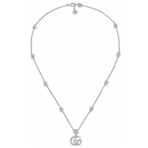 GUCCI 古馳 雙G鎖骨鍊 粉紅珍珠母貝 925純銀