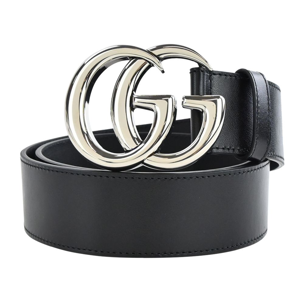 GUCCI 古馳  GG Marmont 皮革仿舊雙G扣皮帶(黑X銀)