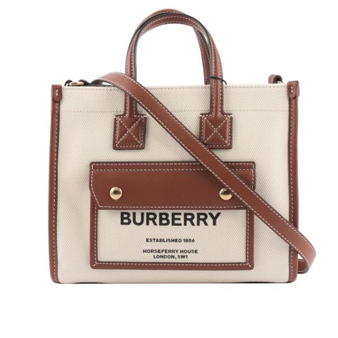 BURBERRY Freya 棉質帆布拼皮革迷你二用托特包(自然色/棕褐色) BU19100049