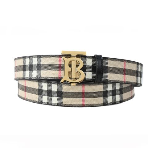 BURBERRY BURBERRY 經典 LOGO格紋帆布女用皮帶(卡其x黑)