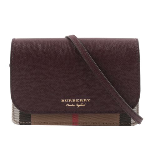 BURBERRY Hampshire 新款格紋帆布拼皮革手拿/斜背包(酒紅色) 80463181