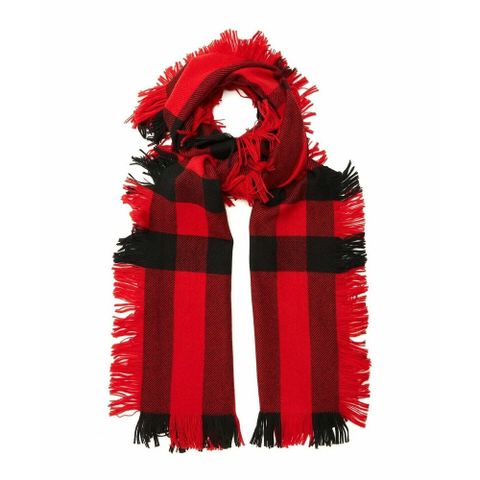BURBERRY經典格紋羊毛流蘇披肩/圍巾(黑紅)