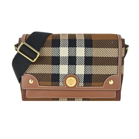 BURBERRY Horseferry格紋帆布飾邊斜背包(暗樺木棕色)