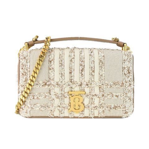 BURBERRY 巴寶莉 Lola TB金字LOGO格紋絎縫帆布鏈帶小號肩背/斜背包(米色)