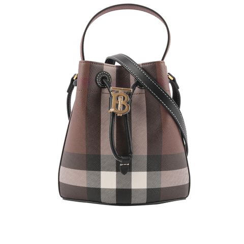 BURBERRY TB 格紋帆布拼皮革迷你水桶包(暗樺木棕色) 8066213 A8900