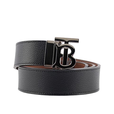 BURBERRY 銀色Logo 牛皮及平滑皮革雙面可用皮帶(黑色/棕褐色) 8043247