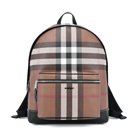 BURBERRY Check 格紋環保帆布後背包(暗樺木棕色)