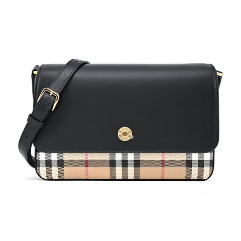 BURBERRY Vintage經典格?拼皮革 Note 斜背包(迷你/黑色)