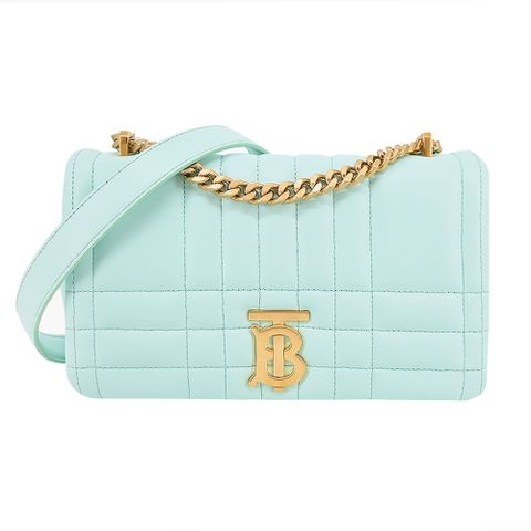 BURBERRY Lola金字銀字LOGO絎縫羊皮鏈帶肩背/斜背包(小型/薄荷色)
