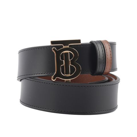 BURBERRY TB Logo 小牛皮寬3cm雙面可用皮帶(黑色/棕褐色)(S)