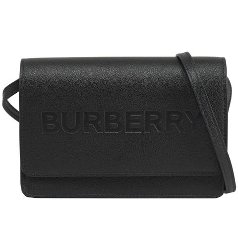 BURBERRY HAMPSHIRE 烙印LOGO牛皮斜背方包.黑