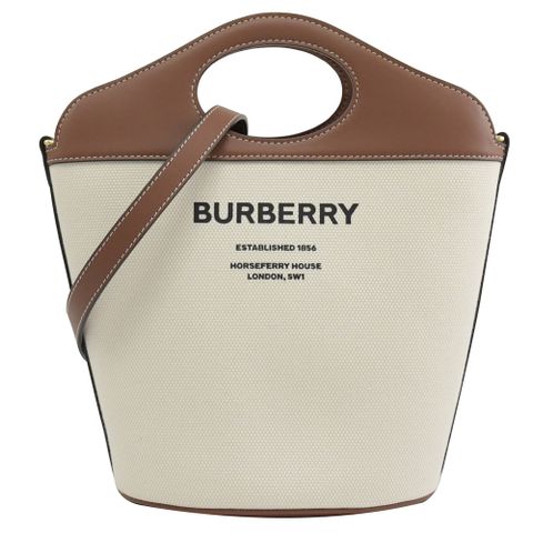 BURBERRY Pocket燙印LOGO帆布兩用水桶包.咖邊