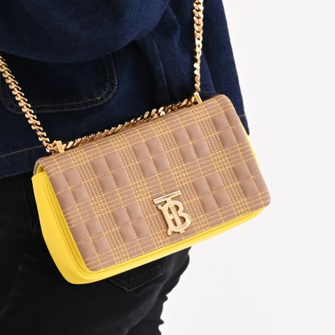 BURBERRY 8036809 Lola 絎縫格紋小牛皮斜背包.咖/黃