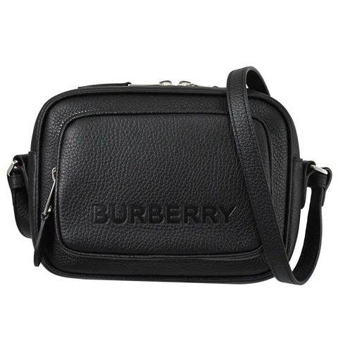BURBERRY 8061569烙印LOGO牛皮前口袋斜背相機包.黑