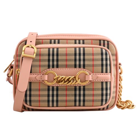 BURBERRY 4079881 Check Link 戰馬格紋肩斜相機包.粉