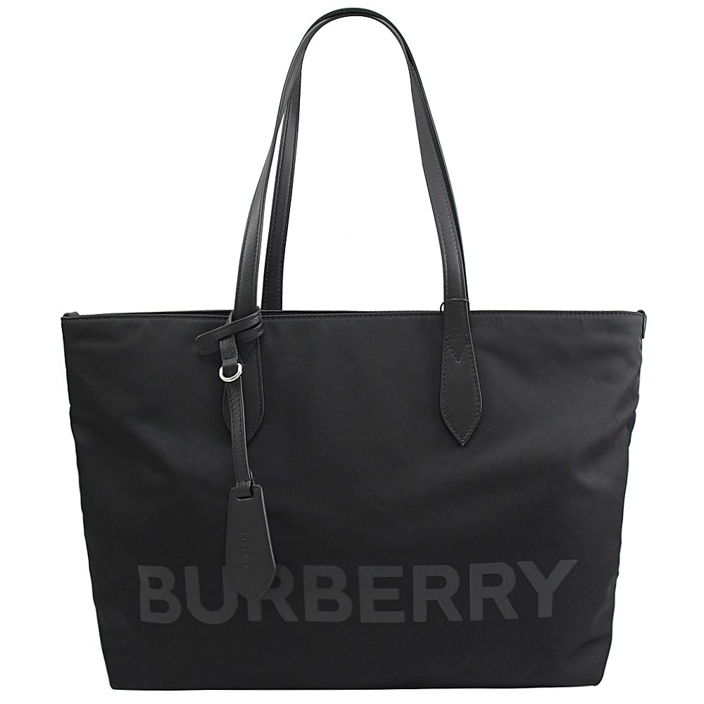 BURBERRY  燙印LOGO尼龍肩背托特包.黑 中