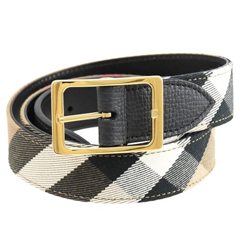 BURBERRY 8049907 經典格紋帆布牛皮雙面穿扣式皮帶.黑 多尺寸