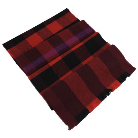 BURBERRY 簡約格紋混紡羊毛長圍巾.紅黑