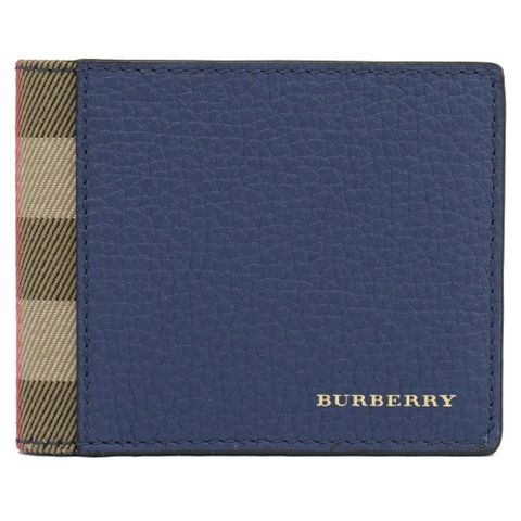 BURBERRY 經典LOGO格紋棉麻拼接6卡短夾.寶藍