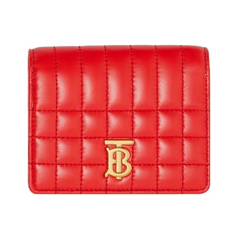 BURBERRY  Lola TB金字LOGO格紋絎縫羔羊三折短夾(紅色)