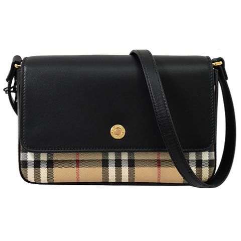BURBERRY 8065481 Penny 經典格紋翻蓋斜背包.黑/卡其