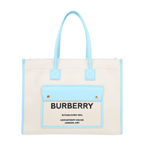 BURBERRY 新款 Freya 帆布拼接皮革中款手提/肩背包(米X冷天藍色)