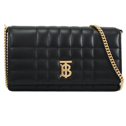 BURBERRY 8066176 Lola 絎縫格紋牛皮翻蓋斜背包.黑/金