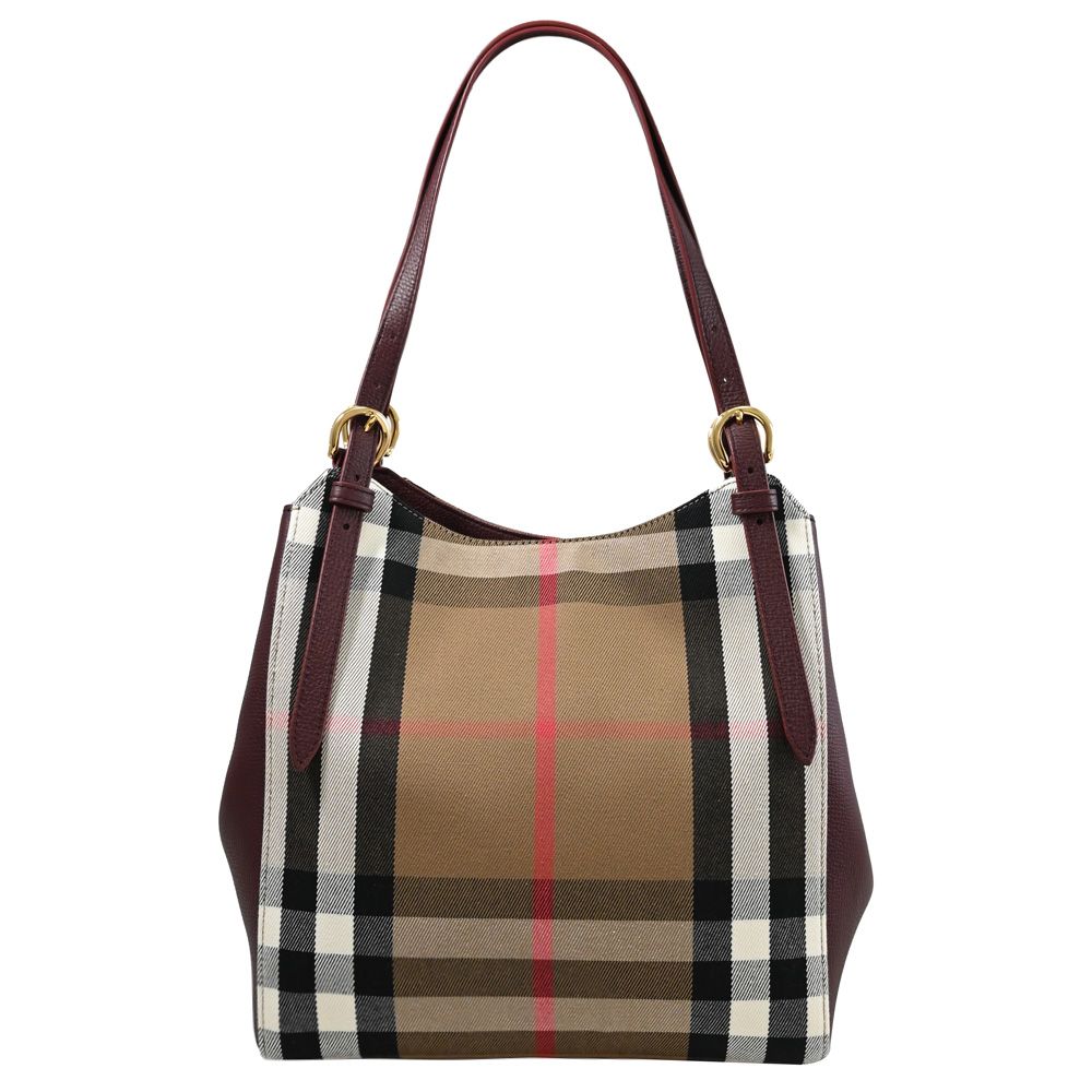 BURBERRY 8073787 CANTERBY經典格紋棉麻肩背包.酒紅邊- PChome 24h購物